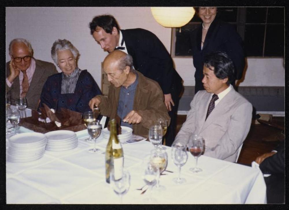 Isamu Noguchi with Ailes Spinden, Arne Glimcher and Masatoshi Izumi at Isamu Noguchi Garden Museum opening