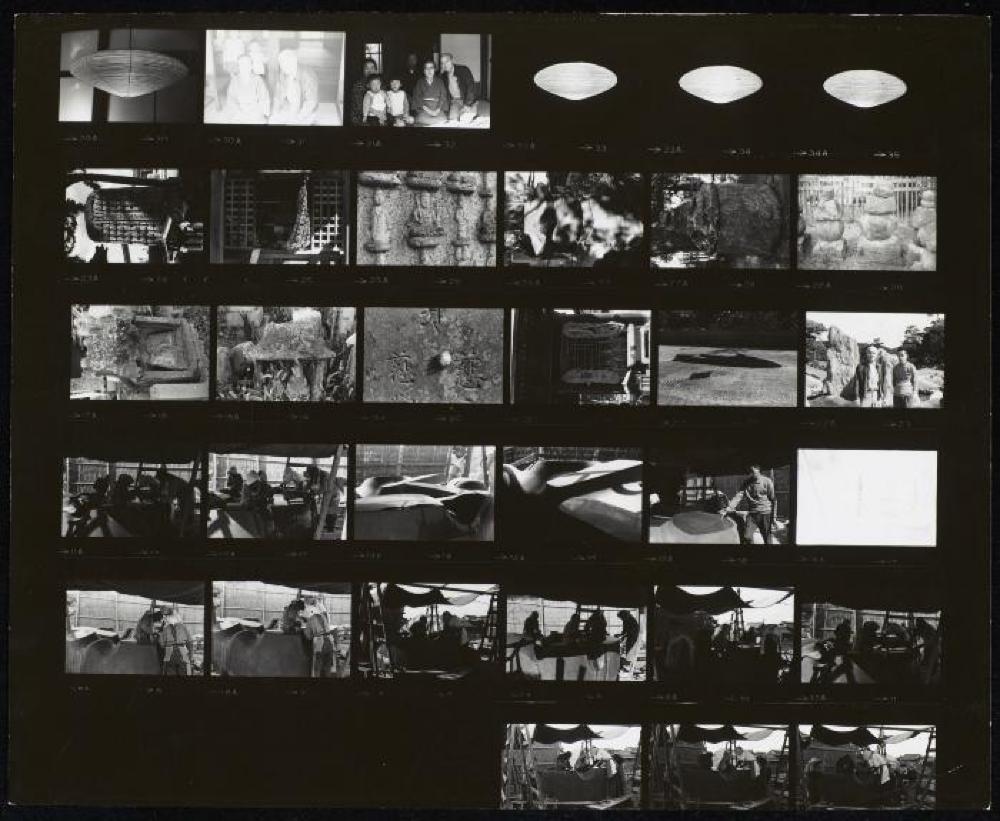 Contact sheet of images of Isamu Noguchi in Japan during polishing of Black Sun (505D) with Masatoshi Izumi, Akari 21A, Mirei Shigemori garden at Shido-ji temple, Sanuki, Kagawa, tomb of Ama at Shido-ji temple