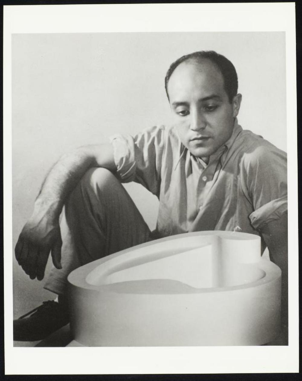 Isamu Noguchi with plaster model of Pool for Josef von Sternberg