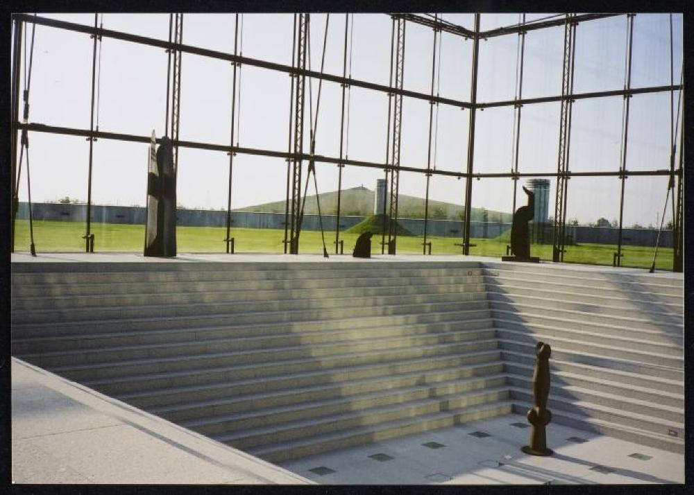 Installation view of "Isamu Noguchi Exhibition in the Glass Pyramid," Moerenuma Park, Glass Pyramid Atrium, July 22, 2003 - August 31, 2003.