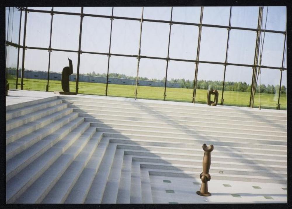 Installation view of "Isamu Noguchi Exhibition in the Glass Pyramid," Moerenuma Park, Glass Pyramid Atrium, July 22, 2003 - August 31, 2003.