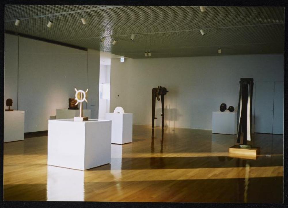Installation view of "Isamu Noguchi Exhibition in the Glass Pyramid," Moerenuma Park, Glass Pyramid Atrium, July 22, 2003 - August 31, 2003.