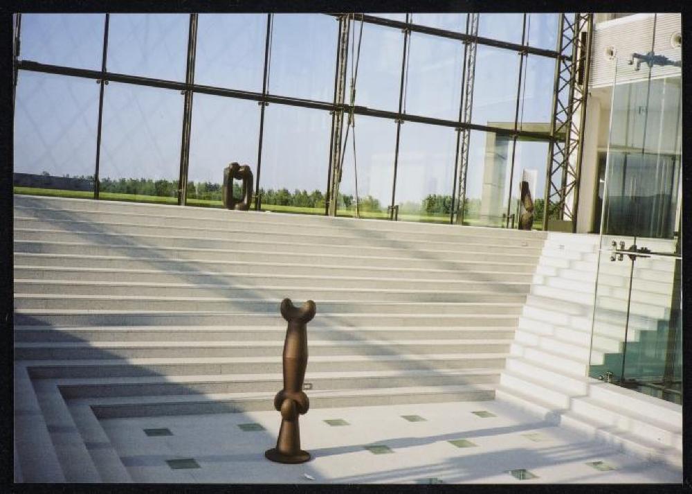 Installation view of "Isamu Noguchi Exhibition in the Glass Pyramid," Moerenuma Park, Glass Pyramid Atrium, July 22, 2003 - August 31, 2003.