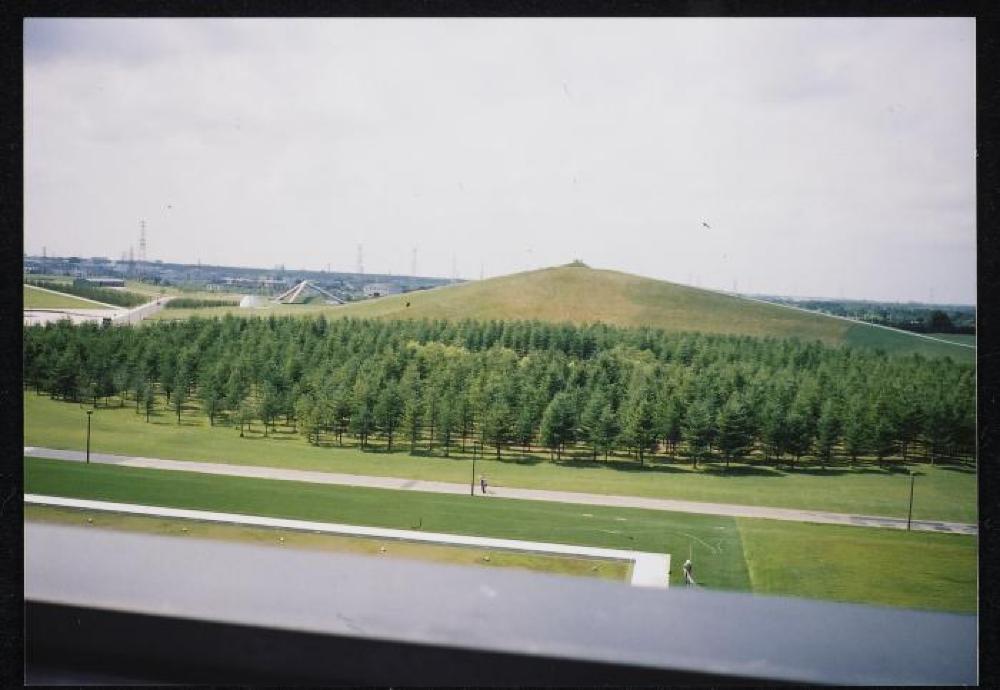 Exterior view of "Isamu Noguchi Exhibition in the Glass Pyramid," Moerenuma Park, Glass Pyramid Atrium, July 22, 2003 - August 31, 2003.
