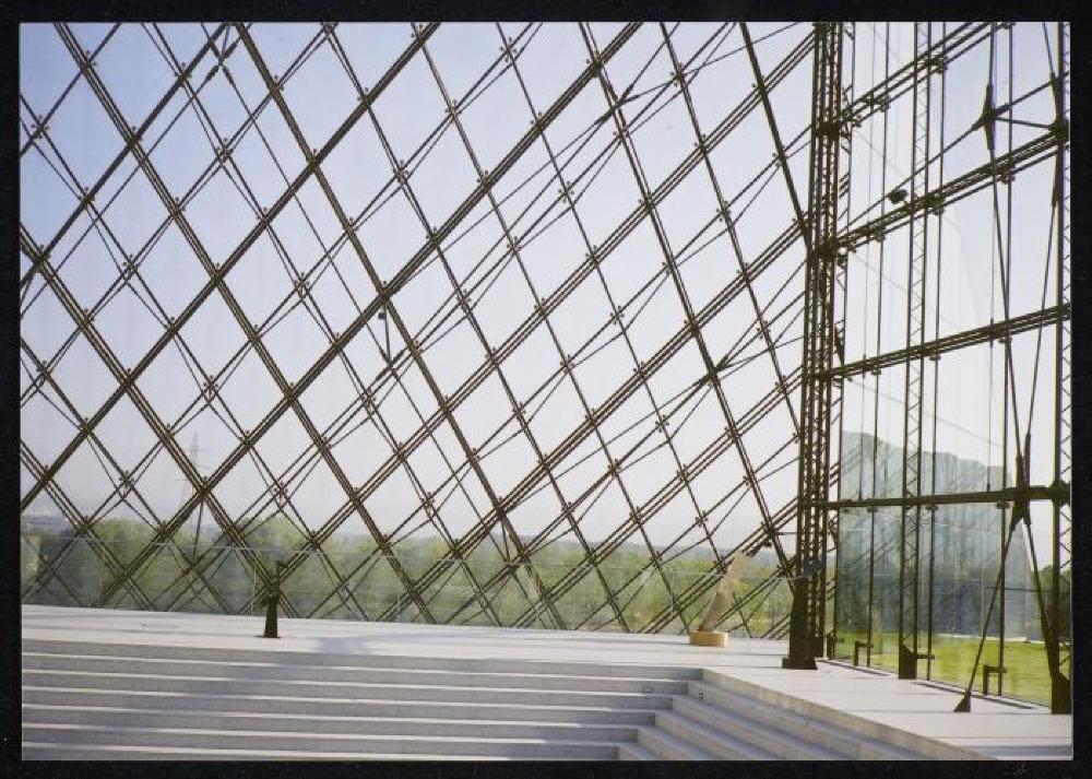 Installation view of "Isamu Noguchi Exhibition in the Glass Pyramid," Moerenuma Park, Glass Pyramid Atrium, July 22, 2003 - August 31, 2003.