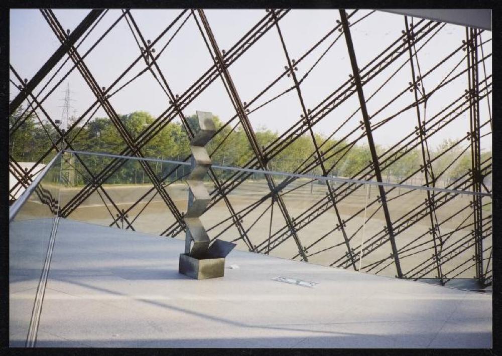 Installation view of "Isamu Noguchi Exhibition in the Glass Pyramid," Moerenuma Park, Glass Pyramid Atrium, July 22, 2003 - August 31, 2003.