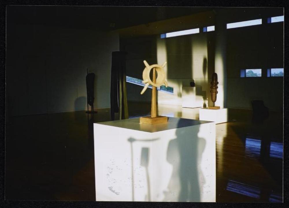 Installation view of "Isamu Noguchi Exhibition in the Glass Pyramid," Moerenuma Park, Glass Pyramid Atrium, July 22, 2003 - August 31, 2003.