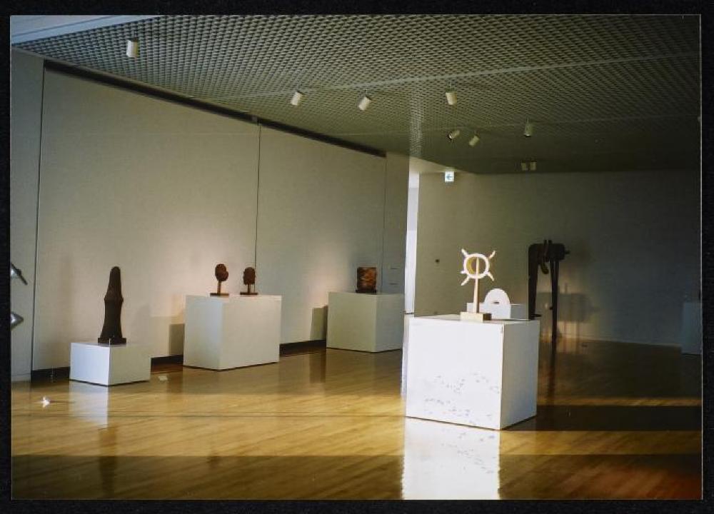 Installation view of "Isamu Noguchi Exhibition in the Glass Pyramid," Moerenuma Park, Glass Pyramid Atrium, July 22, 2003 - August 31, 2003.