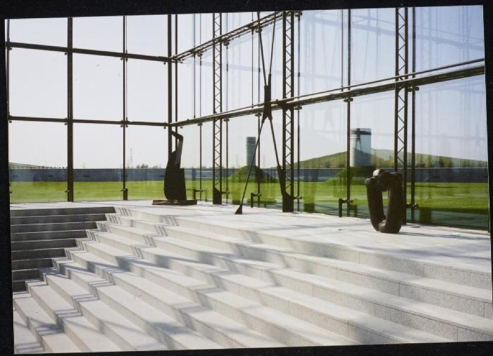 Installation view of "Isamu Noguchi Exhibition in the Glass Pyramid," Moerenuma Park, Glass Pyramid Atrium, July 22, 2003 - August 31, 2003.