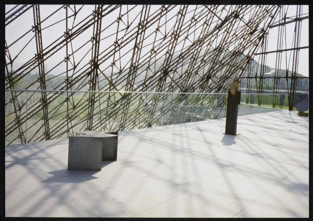 Installation view of "Isamu Noguchi Exhibition in the Glass Pyramid," Moerenuma Park, Glass Pyramid Atrium, July 22, 2003 - August 31, 2003.