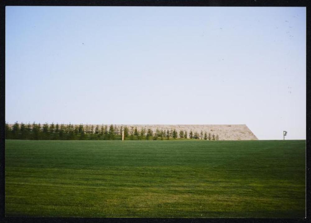 Exterior view of "Isamu Noguchi Exhibition in the Glass Pyramid," Moerenuma Park, Glass Pyramid Atrium, July 22, 2003 - August 31, 2003.