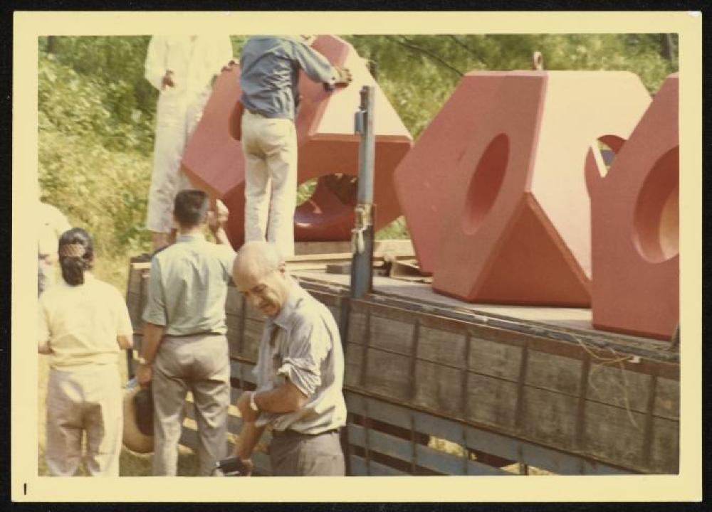 Isamu Noguchi at installation of Octetra at "First International Exhibition of Modern Sculpture," Hakone Open Air Museum, Japan