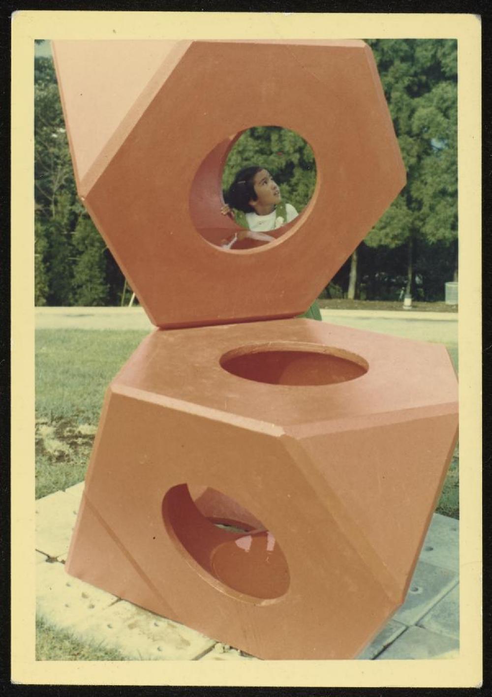 Isamu Noguchi at installation of Octetra at "First International Exhibition of Modern Sculpture," Hakone Open Air Museum, Japan