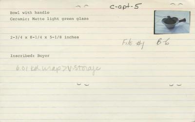 Catalog Card for Bowl with Handle; Ceramic; 2 3/4 x 8 1/4 x 5 1/8 in.; Collection of Isamu Noguchi. (Study Collection; Collectibles, C-Apt-5); Recto

