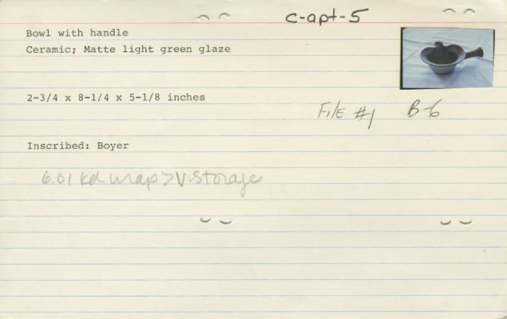 Catalog Card for Bowl with Handle; Ceramic; 2 3/4 x 8 1/4 x 5 1/8 in.; Collection of Isamu Noguchi. (Study Collection; Collectibles, C-Apt-5); Recto
