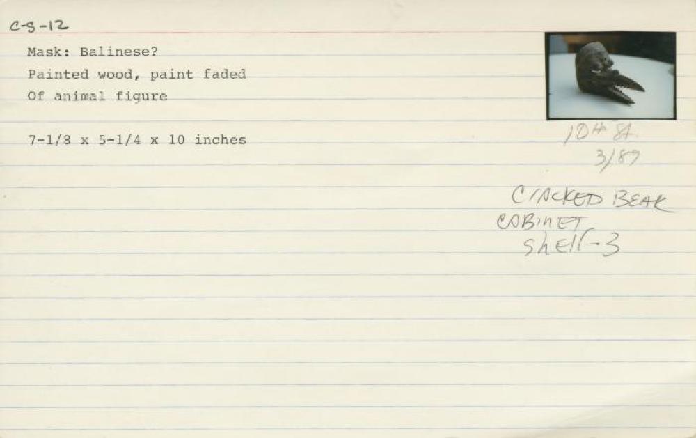 Catalog Card for Balinese; Jatayu Mask; 20th century; Painted wood; 7 1/8 x 5 1/4 x 10 in.; Collection of Isamu Noguchi. (Study Collection; Collectibles, C-S-12)
