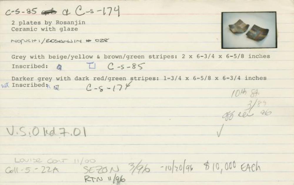 Catalog Card for Kitaōji Rosanjin (Japanese, 1883—1959); Plate; Ceramic; 2 x 6 3/4 x 6 5/8 in.; Collection of Isamu Noguchi. (Study Collection; Collectibles, C-S-85) and Kitaōji Rosanjin (Japanese, 1883—1959); Plate; Ceramic; 1 3/4 x 6 5/8 x 6 3/4 in.; Collection of Isamu Noguchi. (Study Collection; Collectibles, C-S-174)