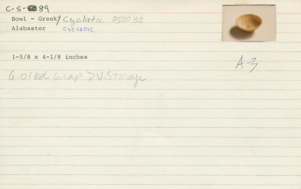 Catalog Card for Cycladic; Bowl; Early Cycladic II, 2700—2200 BCE; Marble; 1 5/8 x 4 1/8 in.; Collection of Isamu Noguchi. (Study Collection; Collectibles, C-S-89)