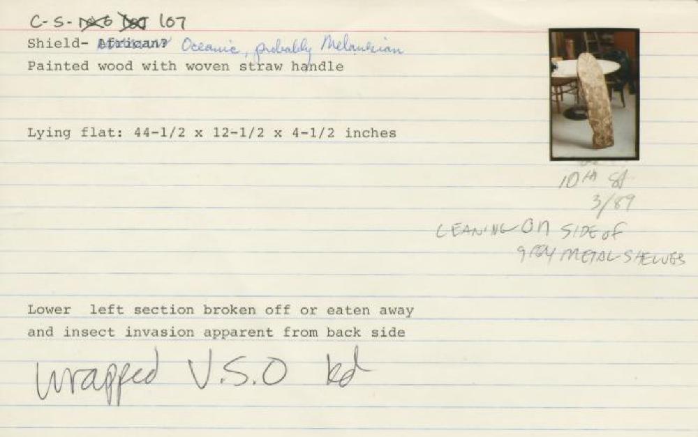 Catalog Card for Melanesian; Shield; Wood, straw; 44 1/2 x 12 1/2 x 4 1/2 in.; Collection of Isamu Noguchi. (Study Collection; Collectibles, C-S-107)