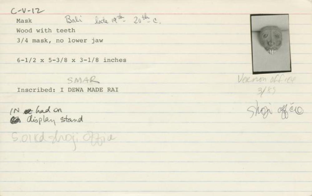 Catalog Card for I Dewa Made Rai (Balinese); Topeng Bondres Mask; 20th century; Wood, teeth; 6 1/2 x 5 3/8 x 3 1/8 in.; Collection of Isamu Noguchi. (Study Collection; Collectibles, C-V-12)